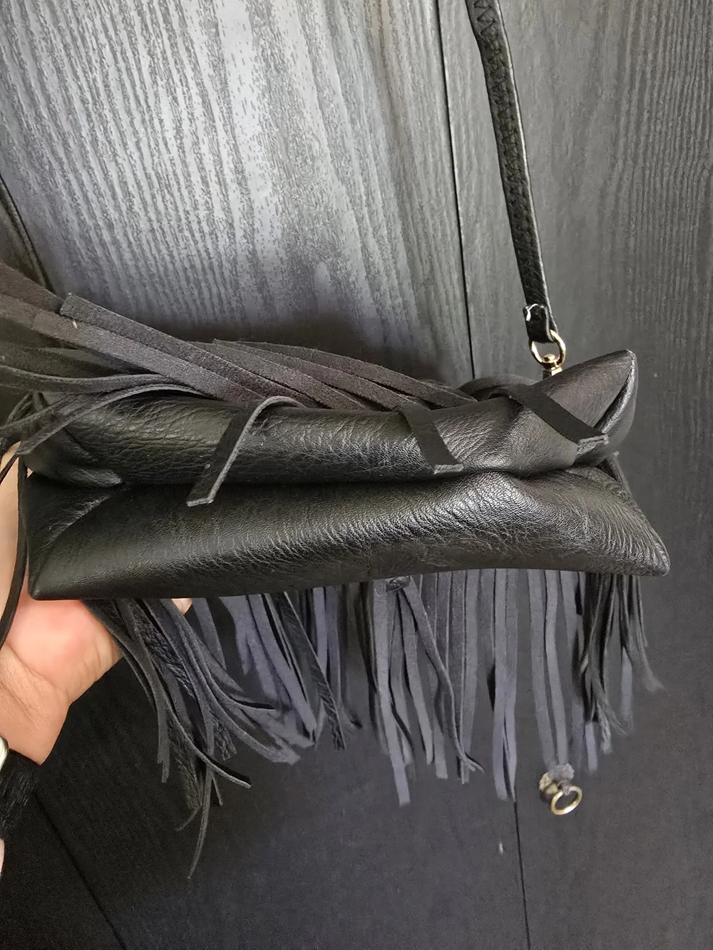 Source Unknown Black Fringe Crossbody Bag with Gold Hardware